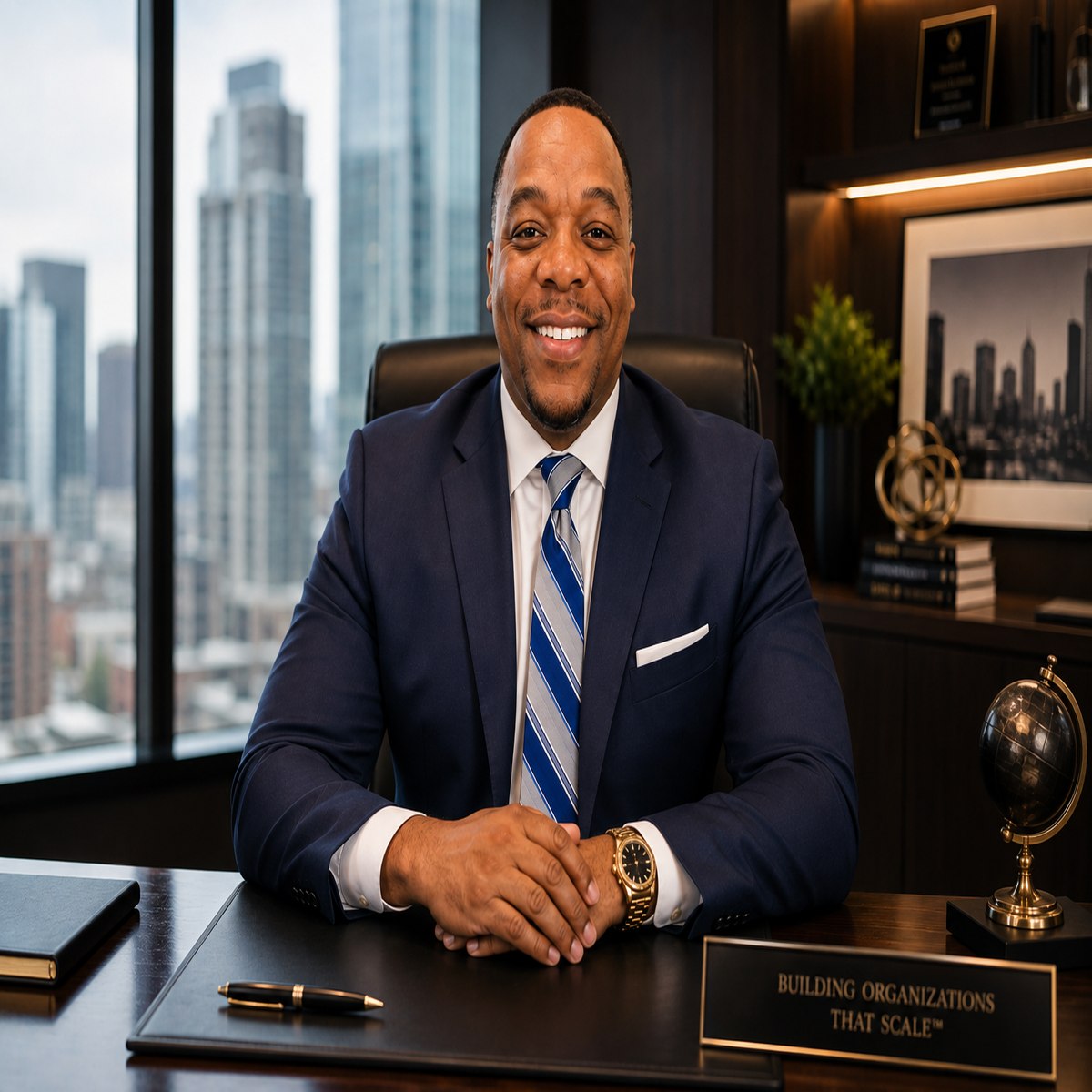 Marvin Caldwell, seated at his desk in a navy suit